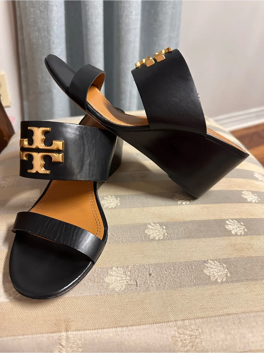 Tory Burch Black Leather Slide Sandals with Gold Logo Medallions